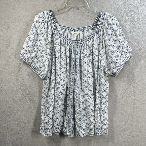 Max Studio Tops - Max Studio Women's 1X Blue Ditsy Floral Peasant Top Boho Square Neck